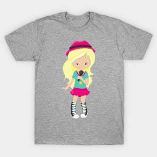 Rock Girl, Blonde Hair, Band Singer, Microphone T-Shirt